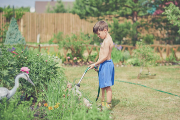 Young gardener is watering the flowers, he is helping his parents.