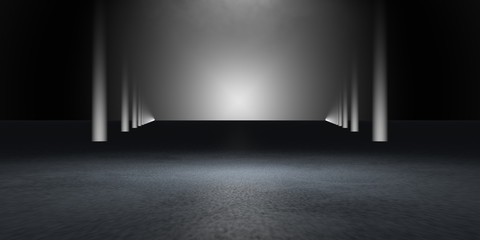 3d rendering of a dark scene with futuristic lights abstract