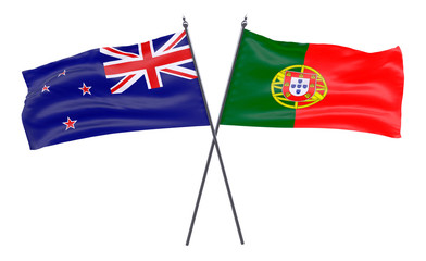 New Zealand and Portugal, two crossed flags isolated on white background. 3d image
