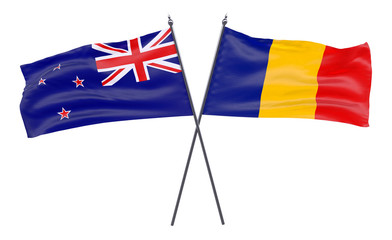 New Zealand and Romania, two crossed flags isolated on white background. 3d image