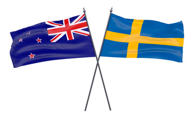 New Zealand and Sweden, two crossed flags isolated on white background. 3d image