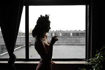lateral view of a sexy fashion woman in pink underwear with crown on her head near a window