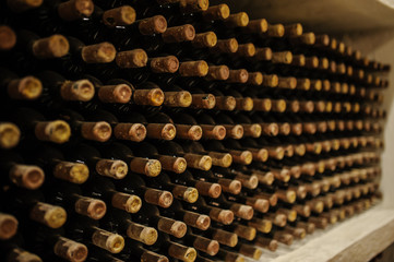  Wine bottles stacked up in old wine cellar