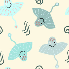 Seamless pattern with colorful stingrays. Cartoon vector illustration in scandinavian style. Great for fabric, textile.