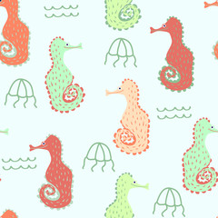 Seamless pattern with colorful seahorses. Cartoon vector illustration in scandinavian style. Great for fabric, textile.