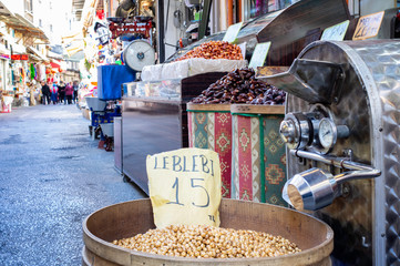 Izmir / Turkey - March 30 / 2019 : Fresh roasted chickpeas on sale at bazaar - leblebi means chickpeas in Turkish