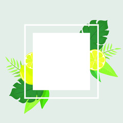 Vector illustration. Square frame decorated with lemons, lemon slices, green leaves and branches. Gray background.
