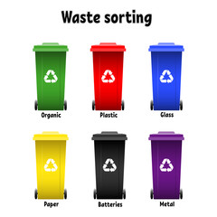 A set of colored garbage cans for a separate waste sorting.