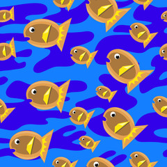 Fototapeta na wymiar Fish seamless pattern: yellow and brown pisces on a blue background.