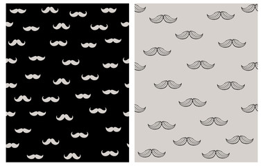 Vintage Moustaches Seamless Hand Drawn Pattern. Line Sketch Black Moustaches Isolated on a Warm Gray Background. Simple Abstract Gray Mustaches on a Black Layout. Hipster Style Fabric Print Vector Art