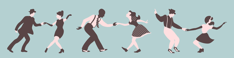 Three swing dance couples silhouettes on a green background - obrazy, fototapety, plakaty