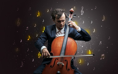 Young cellist with falling musical notes wallpaper and classical concept