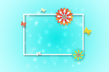 Wide promotional poster with gradient green background, square frame, flowers and butterflies arrange on the center.