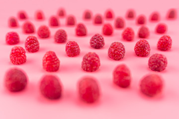 Pattern made from fresh raspberries, view from the skew, isolated on a light pink background.