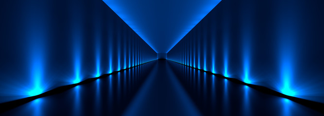 3d rendering of a dark tunnel with blue lights and reflection - obrazy, fototapety, plakaty