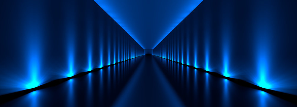 3d rendering of a dark tunnel with blue lights and reflection
