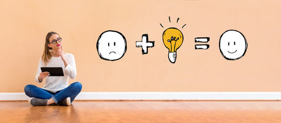 Good idea equals happy with young woman holding a tablet computer