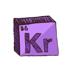 Vector three-dimensional hand drawn chemical purple symbol of noble gas krypton with an abbreviation Kr from the periodic table of the elements isolated on a white background.