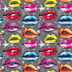 Seamless pattern with female lips. Makeup, cosmetics. Lovely smiles. Multicolored lips, female pattern. Drawing markers, pop art. - 261350377