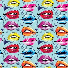 Seamless pattern with female lips. Makeup, cosmetics. Lovely smiles. Multicolored lips, female pattern. Drawing markers, pop art.