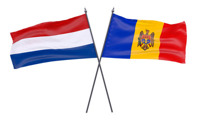Netherlands and Moldova, two crossed flags isolated on white background. 3d image