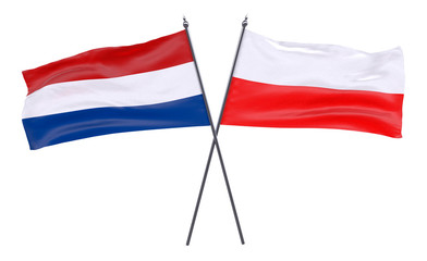 Netherlands and Poland, two crossed flags isolated on white background. 3d image