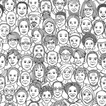 Diverse group of older people 50+ - seamless pattern with hand drawn faces, senior citizens of various ethnicities