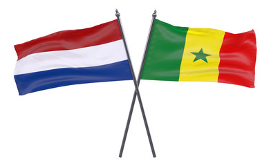 Netherlands and Senegal, two crossed flags isolated on white background. 3d image