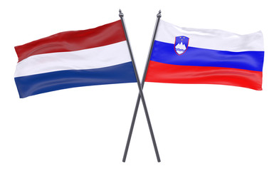 Netherlands and Slovenia, two crossed flags isolated on white background. 3d image