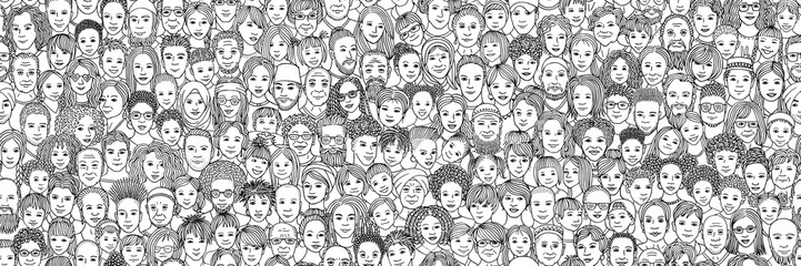 Diverse crowd of people: kids, teens, adults and seniors - seamless banner of hand drawn faces of various age groups and ethnicities - 261350992