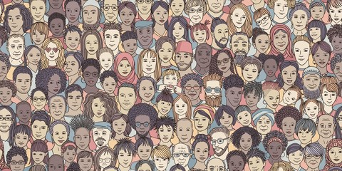 Diverse crowd of people: kids, teens, adults and seniors - seamless banner of hand drawn faces of various age groups and ethnicities - 261351146