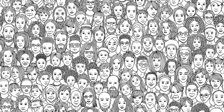 Diverse crowd of people: kids, teens, adults and seniors - seamless banner of hand drawn faces of various age groups and ethnicities