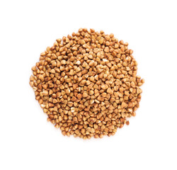 Top view of buckwheat groats isolated on white background. Healthy food ingredient
