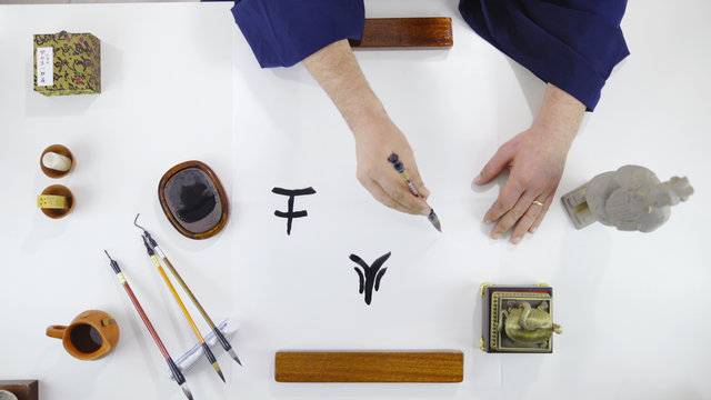 Top View Of Person Drawing Chinese Calligraphy