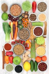 Liver detox diet health food with fruit, vegetables, grains, seeds, legumes, supplement powders, herbs and spices also used in herbal medicine. High in antioxidants, omega 3, vitamins & fibre.