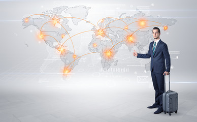 Naklejka premium Businessman in dark suit hitchhike to business trip in a front of a map with destination
