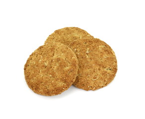 Round whole wheat biscuit, cookie with raisins isolated on white background. Biscuits with whole-wheat (wholemeal) flour isolated on white background 