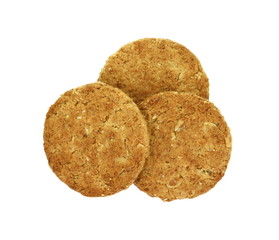 Round whole wheat biscuit, cookie with raisins isolated on white background. Biscuits with whole-wheat (wholemeal) flour isolated on white background 