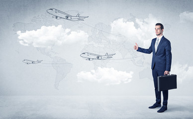 Businessman hitchhiking with flying airplanes cloud and map concept
