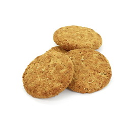 Round whole wheat biscuit, cookie with raisins isolated on white background. Biscuits with whole-wheat (wholemeal) flour isolated on white background 