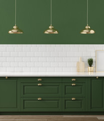 Mock up poster frame close-up in kitchen  interior, 3d render