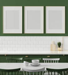 Mock up poster frame close-up in kitchen  interior, 3d render
