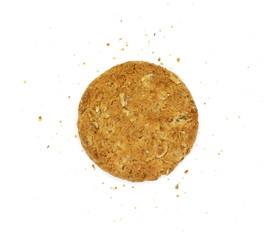 Round whole wheat biscuit, cookie with raisins isolated on white background. Biscuits with whole-wheat (wholemeal) flour isolated on white background 