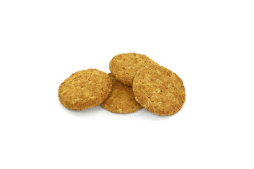 Round whole wheat biscuit, cookie with raisins isolated on white background. Biscuits with whole-wheat (wholemeal) flour isolated on white background 