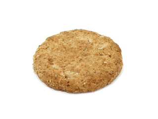 Round whole wheat biscuit, cookie with raisins isolated on white background. Biscuits with whole-wheat (wholemeal) flour isolated on white background 