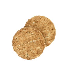 Round whole wheat biscuit, cookie with raisins isolated on white background. Biscuits with whole-wheat (wholemeal) flour isolated on white background 