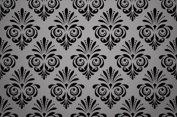Foto op Plexiglas Behang in de stijl van de barok. Naadloze vectorachtergrond. Zwart bloemenornament. Grafisch patroon voor stof, behang, verpakking. Sierlijk damast bloemornament © ELENA