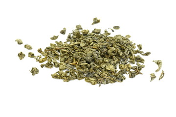 Dry green tea isolated on white background.