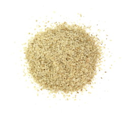 Wheat germ, the highly nutritious heart of the wheat kernel isolated on white. Wheat germ pile isolated on white background.