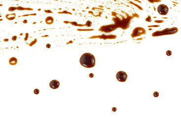 Puddle of soy sauce isolated. Spilled Soy Souse Teriyaki Texture. Oyster Sauce or Balsamic Vinegar Puddles on White Background Top View.